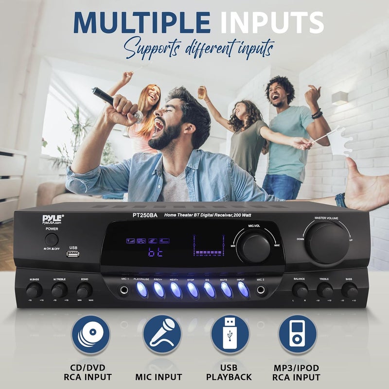 Pyle Wireless Bluetooth Power Amplifier System, 200 Watt Max, Home Theater Audio Stereo Receiver Box with FM/USB, Mic in, RCA Inputs, Echo & 2-Band EQ Control, Digital Display Screen - PT250BA - Image 5